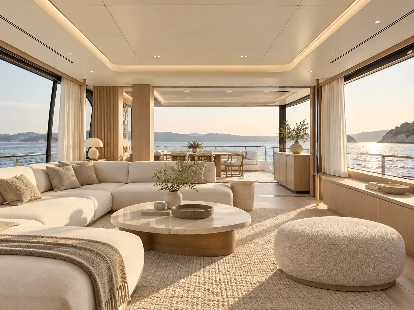 Heller Salon einer Privatyacht mit Meerblick und maßgefertigter Einrichtung