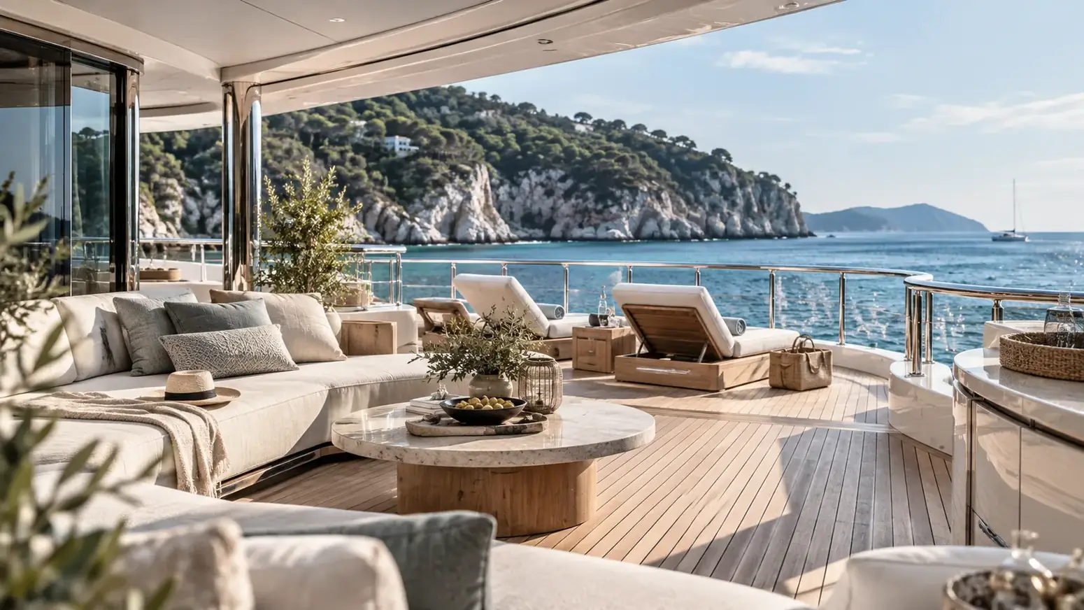 Offene Decklounge einer modernen Yacht am Meer