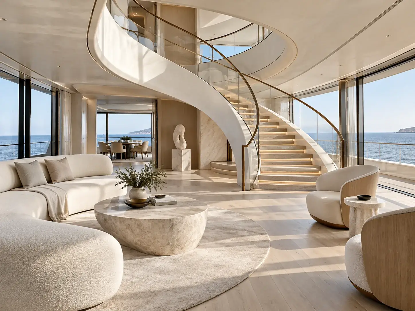 Eleganter Salon einer Yacht mit geschwungener Architektur