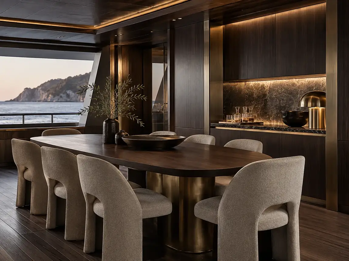 Dunkle Yacht-Esszone mit Nussbaum und Bronzedetails