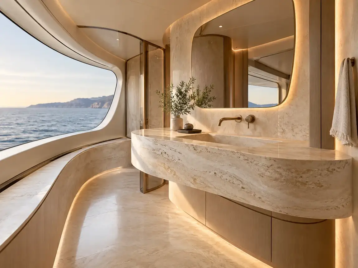 Skulpturale Natursteinoberflächen in einem modernen Yachtinterieur