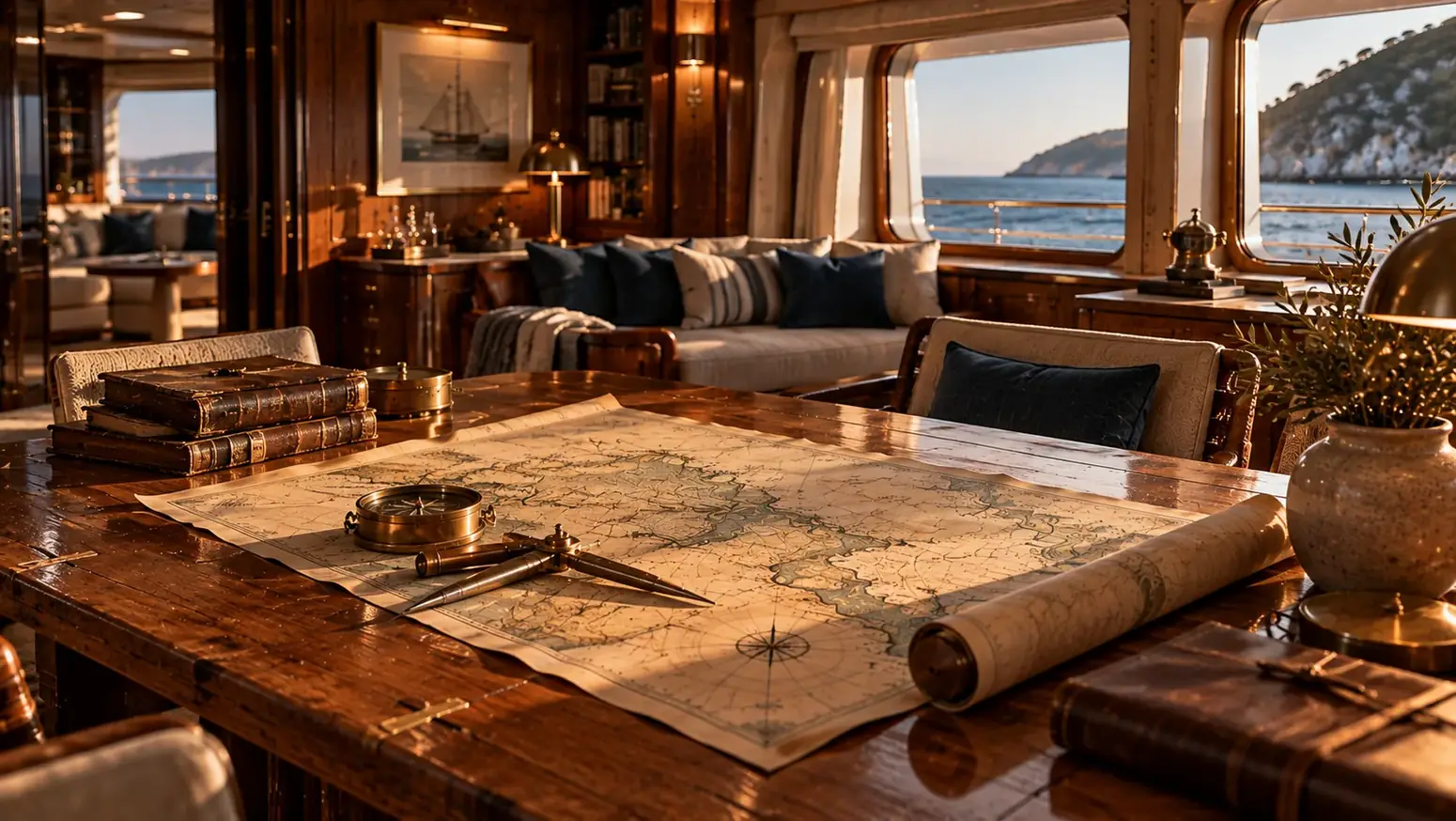 Restaurierter Holztisch mit Seekarte im Salon einer Yacht