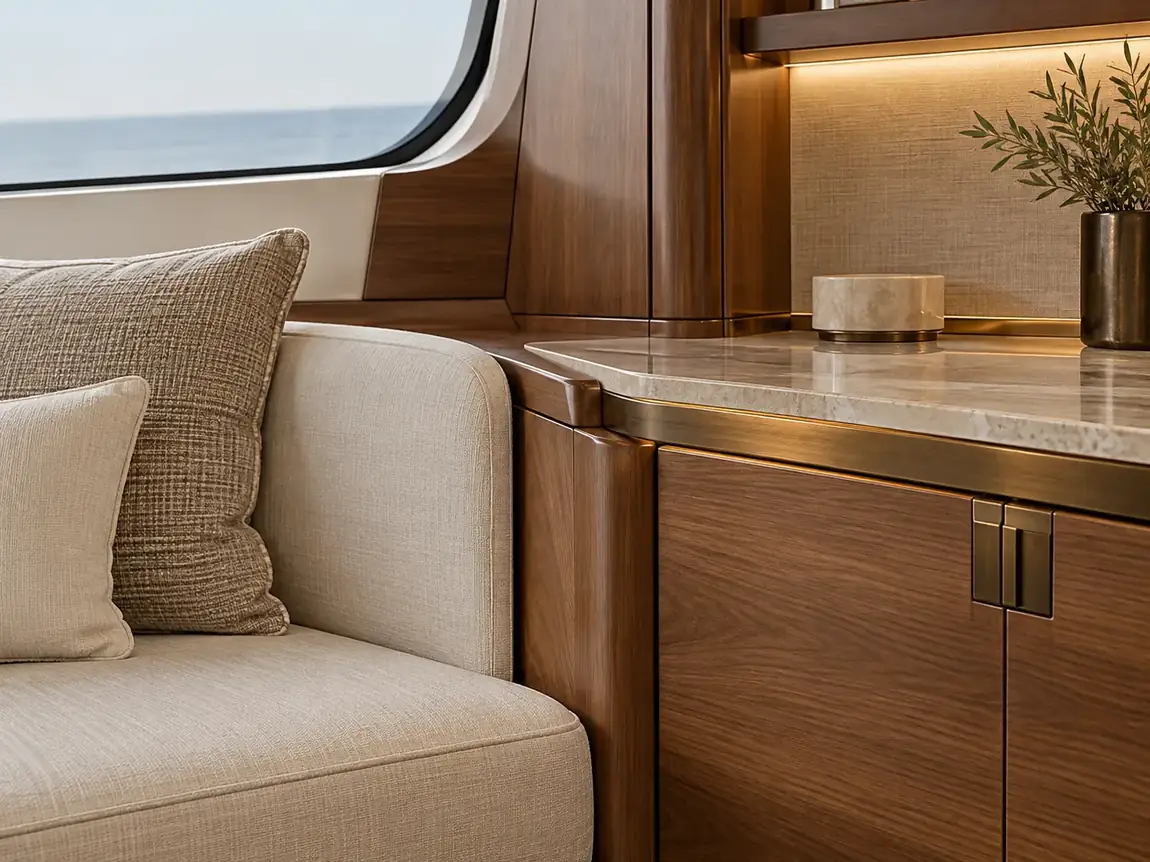 Passgenaue Holzverarbeitung, helle Polsterung und integrierte Beleuchtung auf einer Yacht