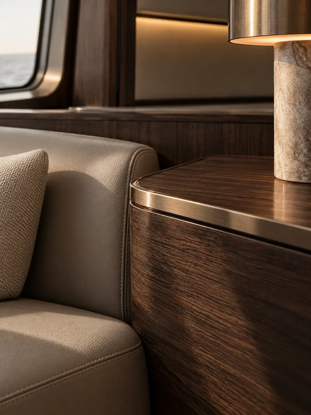 Dunkles Holz und bronzene Details einer Yachtausstattung