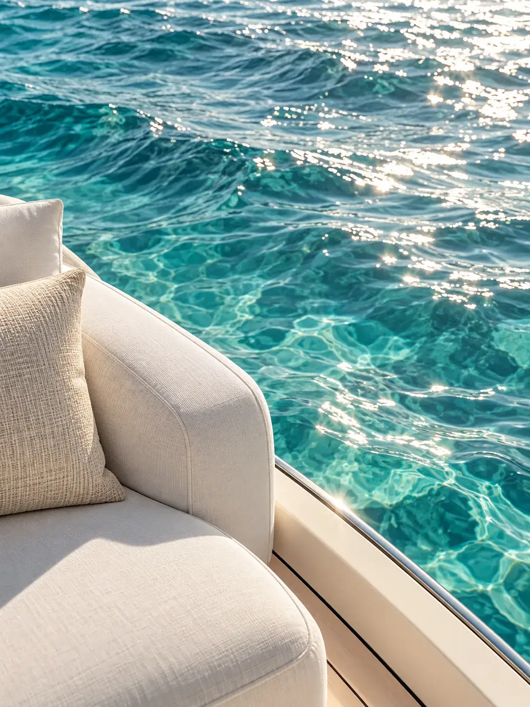 Türkisfarbenes Meer mit Lichtreflexen neben einer Yacht